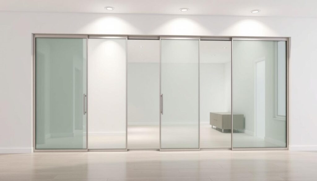 A modern, minimalist sliding glass door wall in a contemporary interior setting. The sliding door panels are made of sleek, tinted glass, seamlessly integrated into a clean, white wall. Soft, indirect lighting illuminates the space, creating a warm, inviting atmosphere. The door frames are slim, brushed metal, complementing the overall minimalist design. The wall is positioned in the middle ground, with a harmonious balance of open and closed spaces, offering a clear view into the adjoining room. The scene conveys a sense of architectural elegance and functional simplicity, perfectly suited for the "Größen, Maße und Flügelbreiten für Ihre Türöffnung" section.