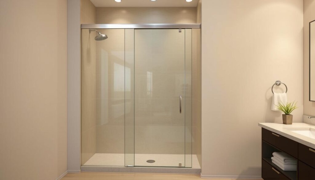 A modern, minimalist sliding glass shower door made of high-quality, tempered glass panels. The door is mounted on sleek, brushed metal rails, allowing it to glide smoothly open and closed. The frameless design creates an airy, spacious feel, complementing the clean lines of the bathroom. Soft, indirect lighting casts a warm glow, highlighting the door's clarity and reflective surfaces. The scene is staged in a well-appointed, spa-like bathroom, with neutral tile flooring and walls, and a focus on the centrally positioned, functional yet elegant shower enclosure.