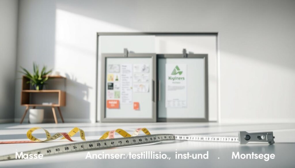 A modern, minimalist still life showcasing the key details of a sliding door system. In the foreground, carefully arranged measuring tapes and rulers, conveying the precise dimensions. In the middle ground, an array of price tags and labels, highlighting the various options and costs. In the background, a sleek, streamlined sliding door assembly, suggesting efficient and seamless installation. Soft, natural lighting illuminates the scene, creating a sense of clarity and professionalism. The overall composition strikes a balance between functionality and aesthetic appeal, reflecting the comprehensive "Maße, Preise, Lieferung und Montage" offering. A modern, minimalist still life showcasing the key details of a sliding door system. In the foreground, carefully arranged measuring tapes and rulers, conveying the precise dimensions. In the middle ground, an array of price tags and labels, highlighting the various options and costs. In the background, a sleek, streamlined sliding door assembly, suggesting efficient and seamless installation. Soft, natural lighting illuminates the scene, creating a sense of clarity and professionalism. The overall composition strikes a balance between functionality and aesthetic appeal, reflecting the comprehensive "Maße, Preise, Lieferung und Montage" offering.
