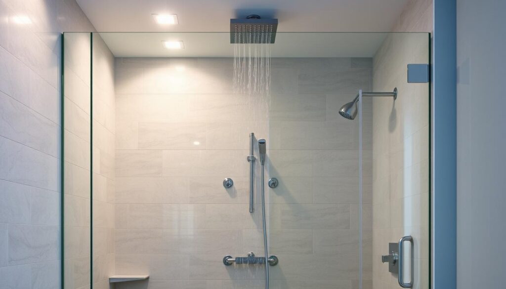A modern, minimalist walk-in shower design with sleek glass panels and a seamless, frameless aesthetic. The shower is set against a backdrop of natural stone tiles, creating a spa-like ambiance. Soft, diffused lighting from recessed ceiling fixtures casts a warm, inviting glow, while a single rainfall showerhead cascades water gently. The overall composition emphasizes clean lines, unobstructed space, and a luxurious, high-end feel suitable for a contemporary bathroom. A modern, minimalist walk-in shower design with sleek glass panels and a seamless, frameless aesthetic. The shower is set against a backdrop of natural stone tiles, creating a spa-like ambiance. Soft, diffused lighting from recessed ceiling fixtures casts a warm, inviting glow, while a single rainfall showerhead cascades water gently. The overall composition emphasizes clean lines, unobstructed space, and a luxurious, high-end feel suitable for a contemporary bathroom.