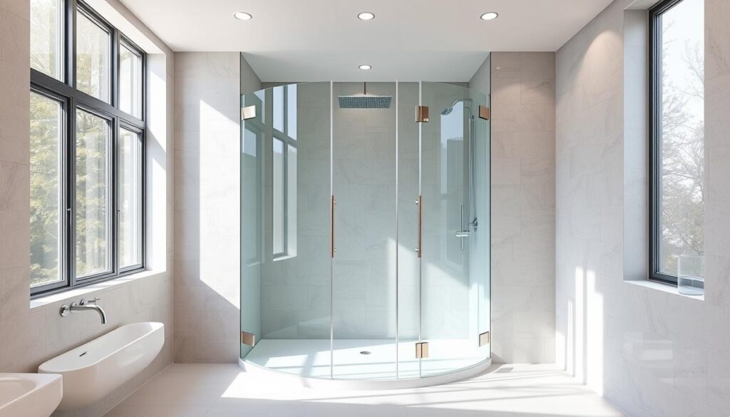 A modern, minimalist walk-in shower enclosure made of high-quality, clear glass panels. The shower is set within a bright, spacious bathroom with natural light streaming in through large windows. The glass walls and door seamlessly integrate with the tiled floor and walls, creating a sleek, cohesive design. Gleaming chrome fixtures and fittings complement the glass, adding a touch of elegance. The shower is positioned to maximize the sense of openness and flow, with a frameless glass door that opens effortlessly. Soft, even lighting from recessed ceiling fixtures illuminates the space, enhancing the clean, contemporary aesthetic. The overall mood is one of understated sophistication and spa-like tranquility.