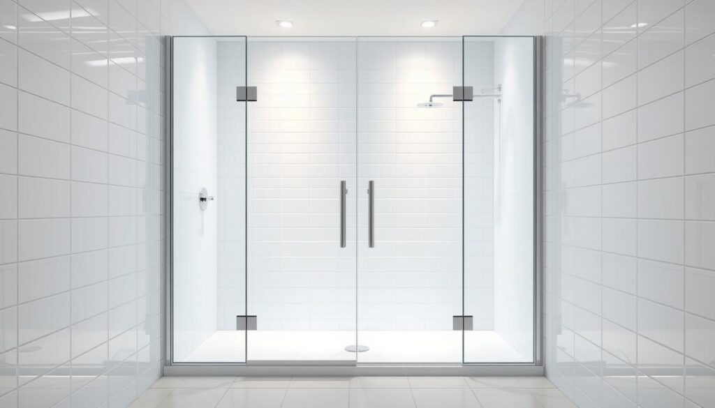 A modern, minimalist walk-in shower with a sleek glass enclosure, capturing the essence of a luxurious yet practical bathroom design. The shower's frameless glass panels seamlessly integrate with the surrounding white tiles, creating a spacious and airy atmosphere. Soft, indirect lighting casts a warm glow, accentuating the clean lines and reflective surfaces. The shower's entry is wide and inviting, measuring between 200-220 cm in height, providing ample space for easy access. The overall composition conveys a sense of serenity and spa-like elegance, perfectly suited for the "Glas für Duschabtrennung kaufen - Jetzt bei Glastuerhop24 bestellen" article.