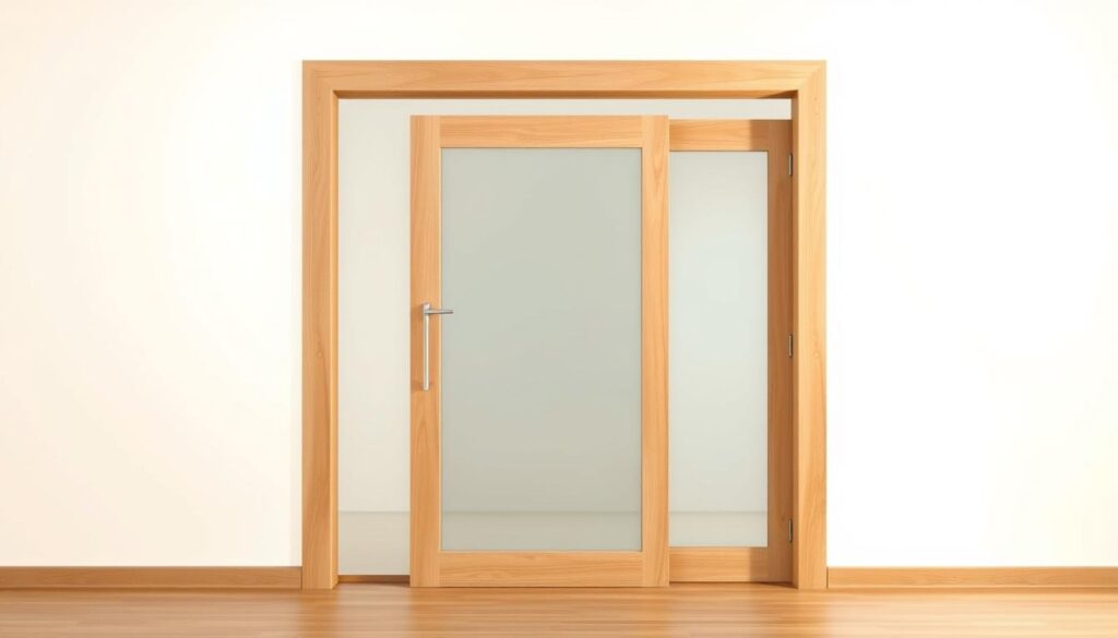 A modern, minimalist wood sliding door showcased in a bright, airy studio setting. The door frame is constructed from light oak with a smooth, satin finish. The door panel features a clean, unobstructed glass pane that allows ample natural light to flow through. The scene is bathed in warm, diffused lighting, creating a sense of tranquility and sophistication. The camera angle is positioned to highlight the door's seamless integration into the space, emphasizing its functional and aesthetic qualities. The background is a simple, neutral palette that allows the craftsmanship of the sliding door to take center stage. A modern, minimalist wood sliding door showcased in a bright, airy studio setting. The door frame is constructed from light oak with a smooth, satin finish. The door panel features a clean, unobstructed glass pane that allows ample natural light to flow through. The scene is bathed in warm, diffused lighting, creating a sense of tranquility and sophistication. The camera angle is positioned to highlight the door's seamless integration into the space, emphasizing its functional and aesthetic qualities. The background is a simple, neutral palette that allows the craftsmanship of the sliding door to take center stage.