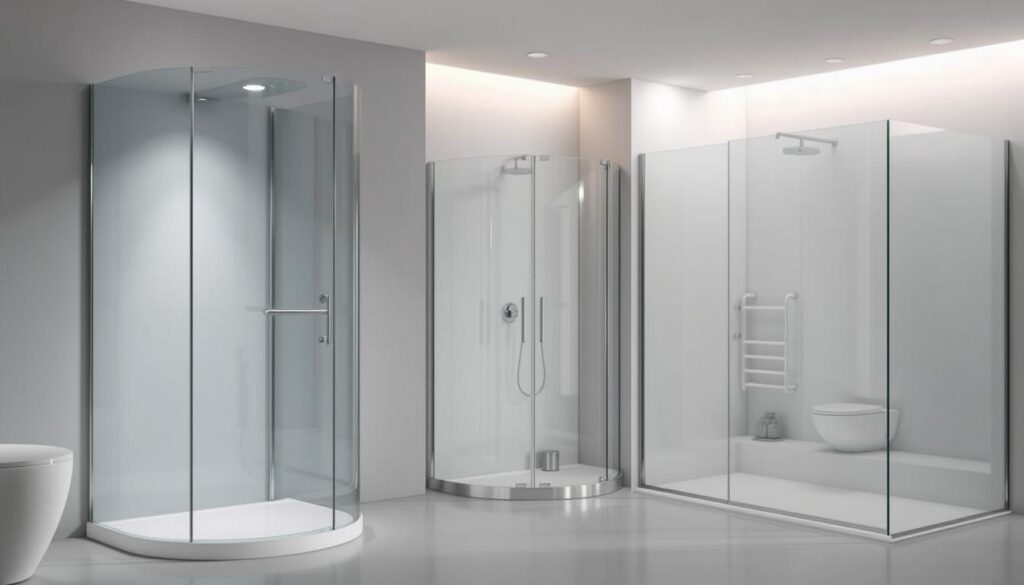 A modern, sleek bathroom interior with various types of glass shower enclosures. In the foreground, a frameless glass shower cabin with a minimalist design, featuring clean lines and a seamless glass panel. In the middle ground, a curved glass shower enclosure in a corner configuration, allowing for an efficient use of space. In the background, a spacious shower area with a sliding glass door system, creating an open and airy feel. The lighting is soft and diffused, accentuating the transparency and reflective qualities of the glass. The overall atmosphere is one of sophistication, functionality, and a sense of luxurious simplicity. A modern, sleek bathroom interior with various types of glass shower enclosures. In the foreground, a frameless glass shower cabin with a minimalist design, featuring clean lines and a seamless glass panel. In the middle ground, a curved glass shower enclosure in a corner configuration, allowing for an efficient use of space. In the background, a spacious shower area with a sliding glass door system, creating an open and airy feel. The lighting is soft and diffused, accentuating the transparency and reflective qualities of the glass. The overall atmosphere is one of sophistication, functionality, and a sense of luxurious simplicity.