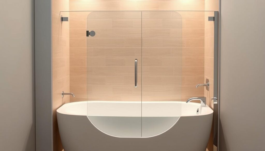 A modern, sleek foldable shower door for a bathtub, showcasing its height and width dimensions. The door is made of tempered glass with a clean, minimalist design, seamlessly blending into the bathroom's decor. Soft, warm lighting illuminates the scene, highlighting the transparency and elegant simplicity of the door. The background features a tiled bathroom wall, creating a sophisticated and spa-like atmosphere. The door is positioned at a slight angle, emphasizing its functionality and practical nature. The overall composition conveys the clever, space-saving solution the foldable shower door provides for a bathtub setting.
