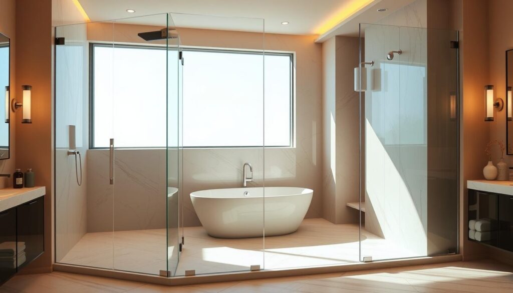 A modern, sleek glass shower enclosure positioned seamlessly against a freestanding bathtub in a luxurious bathroom setting. The glass panels, with their minimalist framing, create a seamless, open feel, allowing natural light to flood the space. The tub is placed in a corner, with the glass walls forming an L-shape around it, providing a sense of privacy and enclosure. The scene is bathed in warm, soft lighting, creating a calming, spa-like atmosphere. The room features high-end finishes, such as polished marble or stone tiles, and contemporary fixtures, complementing the clean, sophisticated design of the shower enclosure.