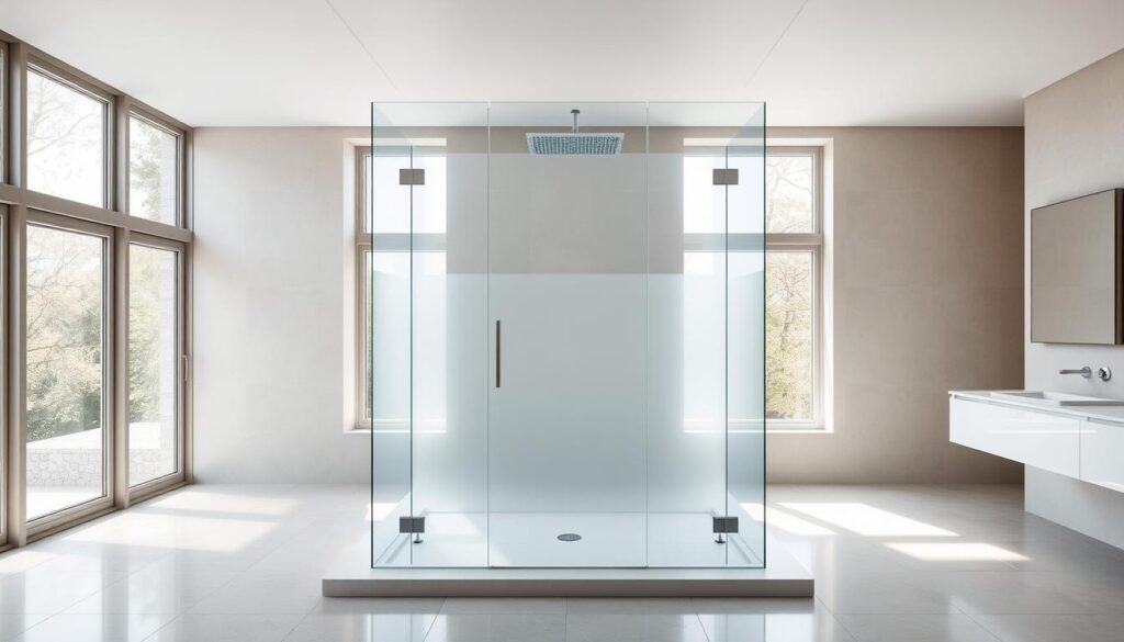 A modern, sleek glass shower enclosure stands in a spacious, well-lit bathroom. The frameless glass panels reflect the bright natural light flooding in through large windows, creating a seamless, airy atmosphere. The glass has a subtle, frosted finish, providing just the right amount of privacy. The shower is situated on a polished tile floor, with a minimalist linear drain running along the base. Overhead, a frameless glass ceiling completes the luxurious, spa-like aesthetic. Subtle chrome hardware and fittings accent the design, blending form and function flawlessly. This custom-made, high-quality "Made in Germany" glass shower solution embodies the perfect balance of modern elegance and functional practicality.