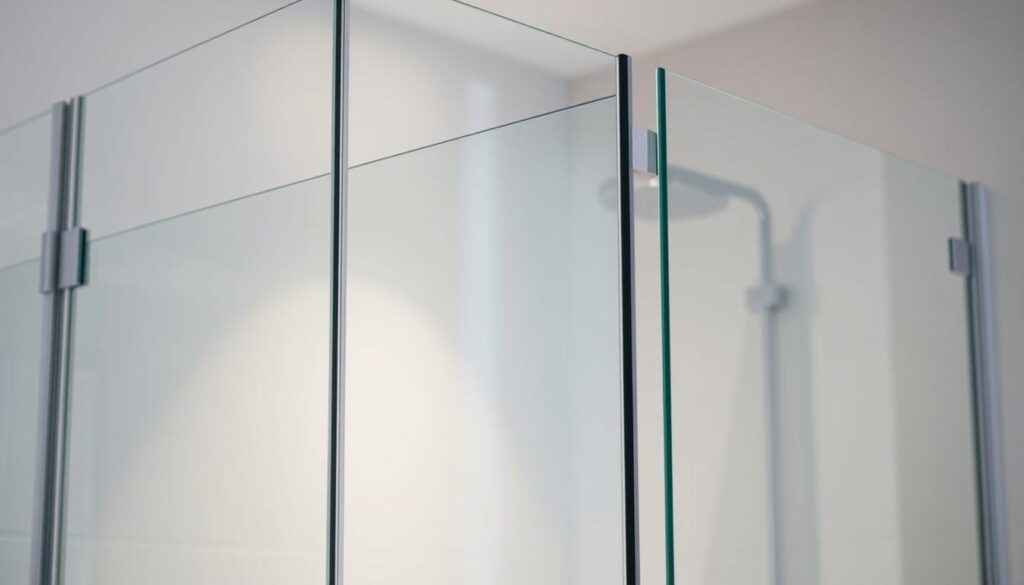 A modern, sleek glass shower enclosure with a custom-made "konfigurator maß" (tailored configuration) design. The enclosure features clean, minimalist lines and a frameless glass panel that seamlessly integrates with the shower space. Soft, diffused lighting illuminates the glass, creating a sense of depth and transparency. The camera angle captures the enclosure from a slightly elevated perspective, highlighting the elegant and practical nature of the bespoke solution. The overall mood is one of modern sophistication, emphasizing the effortless functionality and personalized fit of the custom-made glass shower system. A modern, sleek glass shower enclosure with a custom-made "konfigurator maß" (tailored configuration) design. The enclosure features clean, minimalist lines and a frameless glass panel that seamlessly integrates with the shower space. Soft, diffused lighting illuminates the glass, creating a sense of depth and transparency. The camera angle captures the enclosure from a slightly elevated perspective, highlighting the elegant and practical nature of the bespoke solution. The overall mood is one of modern sophistication, emphasizing the effortless functionality and personalized fit of the custom-made glass shower system.