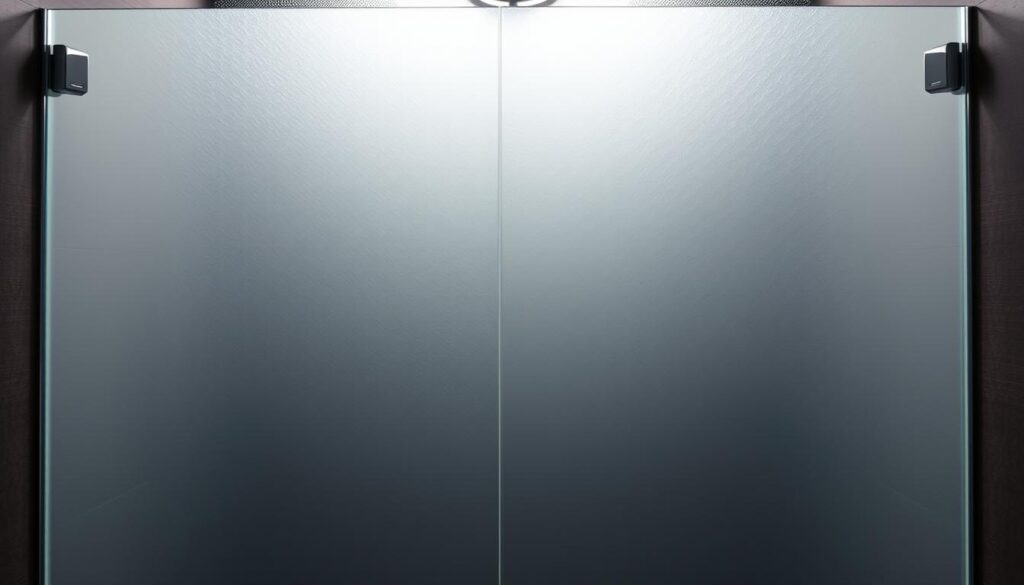 A modern, sleek glass shower wall backdrop with a semi-transparent, frosted appearance. The glass panel is seamlessly integrated into the shower enclosure, creating a clean, minimalist aesthetic. Subtle patterns or textures add visual interest, while the lighting casts a soft, diffused glow, highlighting the material's translucency. The overall composition emphasizes the high-quality, custom-made nature of the glass shower wall, conveying a sense of sophistication and attention to detail. The image should feel visually appealing and showcase the design options available for this type of shower accessory.