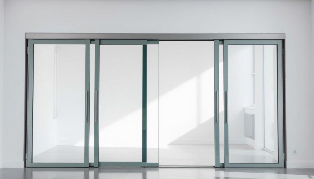 A modern, sleek glass sliding door system with a minimalist, contemporary design. The frame is made of high-quality aluminum, accented with brushed metal hardware. The glass panels are seamlessly integrated, creating a smooth, effortless sliding motion. Soft, indirect lighting illuminates the scene, casting gentle shadows and highlighting the glass's translucent qualities. The door is positioned in a well-lit, spacious room, with a clean, airy atmosphere. The camera angle captures the door at a slightly elevated perspective, emphasizing its streamlined, sophisticated appearance. The overall impression is one of technological refinement, functional elegance, and a harmonious blend of form and function.