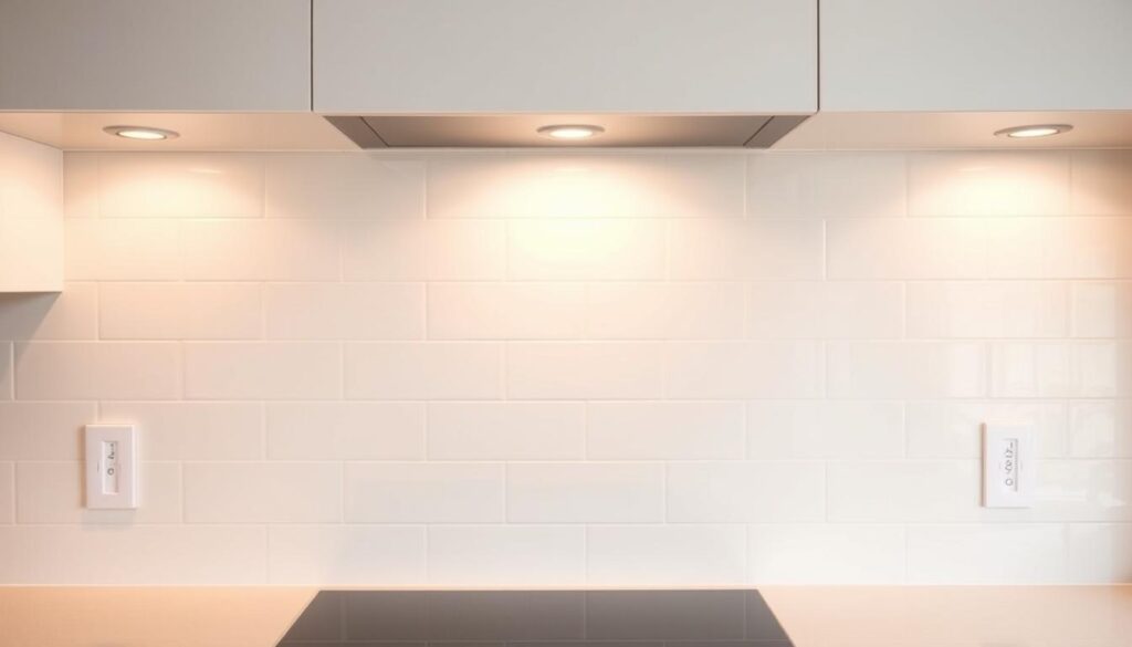 A modern, sleek kitchen backsplash in a neutral color palette, perhaps a glossy white or light gray tile with subtle variations in tone. The tiles are arranged in a clean, geometric pattern, creating a sophisticated and minimalist aesthetic. The backsplash extends from the countertop to the underside of the upper cabinets, providing a seamless, integrated look. Warm, directional lighting from above casts a soft, even glow across the surface, accentuating the depth and texture of the material. The overall composition is simple yet elegant, complementing a range of kitchen styles from contemporary to transitional.