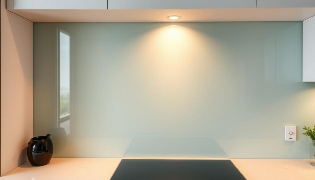 A modern, sleek kitchen backsplash made of tempered glass, custom-cut to perfectly fit the dimensions of the kitchen wall. The glass has a subtle, semi-glossy finish that reflects the warm, indirect lighting above, creating a soft, inviting ambiance. The backsplash extends from the countertop to the underside of the upper cabinets, seamlessly blending into the overall kitchen design. The edges are precisely trimmed, creating a clean, flush appearance. The glass is free of any visible seams or imperfections, giving the impression of a single, uninterrupted surface. The lighting casts gentle shadows, accentuating the smooth, flat plane of the backsplash and highlighting its sleek, contemporary aesthetic.
