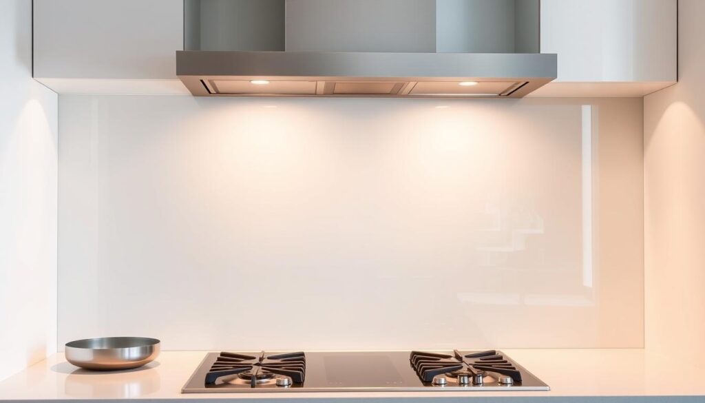 A modern, sleek kitchen backsplash made of tempered glass. The surface has a smooth, glossy finish that reflects the warm, ambient lighting above. Subtle, brushed metallic trim accentuates the clean lines and contemporary design. The glass panel covers the entire wall area behind the stove, protecting from splatter and steam. Crisp, neutral tones blend seamlessly with the minimalist kitchen cabinetry and countertops. Slight distortion of the reflected elements creates an airy, ethereal quality. The backsplash appears durable yet sophisticated, a perfect fusion of form and function.