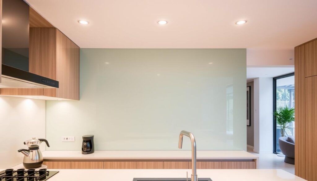 A modern, sleek kitchen interior with a custom glass backsplash taking center stage. The backsplash is made of tempered, anti-glare glass with a matte finish, seamlessly integrated into the kitchen layout. Soft, warm lighting from recessed ceiling fixtures casts a gentle glow, highlighting the glass's subtle textures and reflections. In the foreground, a minimalist kitchen counter showcases a selection of cooking utensils and a coffee maker, creating a sense of functionality. The middle ground features contemporary cabinetry in a light wood tone, complementing the glass backsplash. The background unveils a view of an adjacent living space, adding depth and a sense of openness to the scene. The overall atmosphere is one of modern sophistication, where the custom glass backsplash serves as the focal point, accentuating the kitchen's elegant and personalized design. A modern, sleek kitchen interior with a custom glass backsplash taking center stage. The backsplash is made of tempered, anti-glare glass with a matte finish, seamlessly integrated into the kitchen layout. Soft, warm lighting from recessed ceiling fixtures casts a gentle glow, highlighting the glass's subtle textures and reflections. In the foreground, a minimalist kitchen counter showcases a selection of cooking utensils and a coffee maker, creating a sense of functionality. The middle ground features contemporary cabinetry in a light wood tone, complementing the glass backsplash. The background unveils a view of an adjacent living space, adding depth and a sense of openness to the scene. The overall atmosphere is one of modern sophistication, where the custom glass backsplash serves as the focal point, accentuating the kitchen's elegant and personalized design.