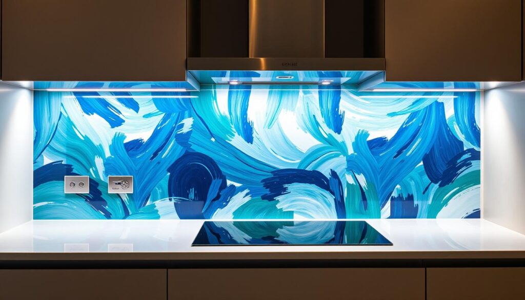 A modern, sleek kitchen with a custom glass backsplash showcasing a vibrant, abstract motive rückwand design. The pattern features bold, dynamic brushstrokes in a harmonious palette of blues, greens, and whites, creating a captivating visual flow. Indirect lighting casts a soft, even glow, highlighting the depth and texture of the glass surface. The design seamlessly blends function and aesthetic, elevating the kitchen's overall ambiance. Captured from a slightly elevated angle, the image emphasizes the backsplash as the focal point, while maintaining balance with the surrounding cabinetry and appliances. A modern, sleek kitchen with a custom glass backsplash showcasing a vibrant, abstract motive rückwand design. The pattern features bold, dynamic brushstrokes in a harmonious palette of blues, greens, and whites, creating a captivating visual flow. Indirect lighting casts a soft, even glow, highlighting the depth and texture of the glass surface. The design seamlessly blends function and aesthetic, elevating the kitchen's overall ambiance. Captured from a slightly elevated angle, the image emphasizes the backsplash as the focal point, while maintaining balance with the surrounding cabinetry and appliances.