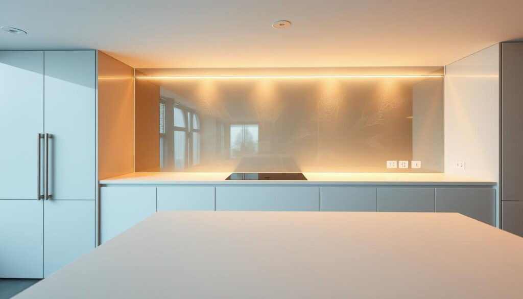 A modern, sleek kitchen with a custom-made glass backsplash that spans the entire wall. The glass panel reflects the warm, ambient lighting, creating a luminous, minimalist aesthetic. The backsplash is flush-mounted, seamlessly integrated into the kitchen's streamlined design. Subtle patterns or textures are etched into the glass, adding visual interest without overwhelming the space. The kitchen countertop and cabinetry are neutral-toned, allowing the glass backsplash to take center stage as the focal point. The entire scene is captured in a high-resolution, wide-angle shot that emphasizes the clean, contemporary feel of the space.