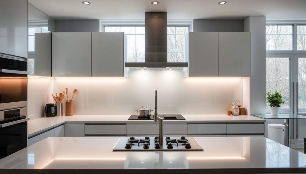 A modern, sleek kitchen with a glass splash guard as the centerpiece. The splash guard extends from the countertop to the upper cabinets, providing a seamless, unobstructed view of the cooking area. The glass is tinted a soft, neutral shade that blends effortlessly with the kitchen's contemporary design. Subtle LED lighting along the edges of the splash guard creates a warm, ambient glow, illuminating the cooking space. The kitchen is bathed in natural light, streaming in through large windows, giving the room an airy, open feel. Stainless steel appliances and light-colored cabinetry complement the glass splash guard, creating a cohesive, modern aesthetic. The overall impression is one of functionality, style, and ease of maintenance - a perfect solution for the modern kitchen. A modern, sleek kitchen with a glass splash guard as the centerpiece. The splash guard extends from the countertop to the upper cabinets, providing a seamless, unobstructed view of the cooking area. The glass is tinted a soft, neutral shade that blends effortlessly with the kitchen's contemporary design. Subtle LED lighting along the edges of the splash guard creates a warm, ambient glow, illuminating the cooking space. The kitchen is bathed in natural light, streaming in through large windows, giving the room an airy, open feel. Stainless steel appliances and light-colored cabinetry complement the glass splash guard, creating a cohesive, modern aesthetic. The overall impression is one of functionality, style, and ease of maintenance - a perfect solution for the modern kitchen.
