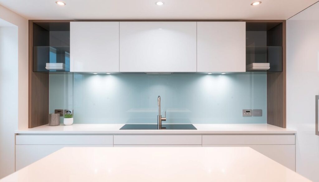A modern, sleek kitchen with a pristine glass küchenrückwand (kitchen backsplash) taking center stage. The glass is crystal clear, reflecting the bright, warm lighting overhead. The backsplash seamlessly integrates with the white countertops and cabinets, creating a harmonious, minimalist aesthetic. Subtle, artistic patterns or etched designs add visual interest, elevating the functional surface into a statement piece. The kitchen exudes a sense of sophistication and effortless style, perfectly suited for a discerning homeowner who appreciates high-quality, versatile design solutions. A modern, sleek kitchen with a pristine glass küchenrückwand (kitchen backsplash) taking center stage. The glass is crystal clear, reflecting the bright, warm lighting overhead. The backsplash seamlessly integrates with the white countertops and cabinets, creating a harmonious, minimalist aesthetic. Subtle, artistic patterns or etched designs add visual interest, elevating the functional surface into a statement piece. The kitchen exudes a sense of sophistication and effortless style, perfectly suited for a discerning homeowner who appreciates high-quality, versatile design solutions.