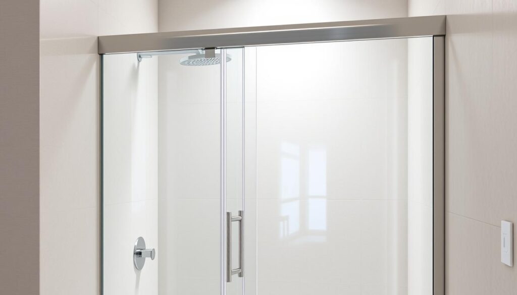 A modern, sleek kunststoff duschabtrennung with a frameless, minimalist design. The translucent, tempered glass panels allow natural light to flow through, creating an open, airy atmosphere. Polished metal hinges and a discreet, brushed stainless steel track system provide a refined, high-quality finish. The lightweight, easy-to-clean material offers enhanced privacy and a seamless, space-saving solution for the shower enclosure. Soft, diffused lighting illuminates the scene, highlighting the duschabtrennung's clean lines and elegant silhouette against a backdrop of smooth, neutral-toned tiles.