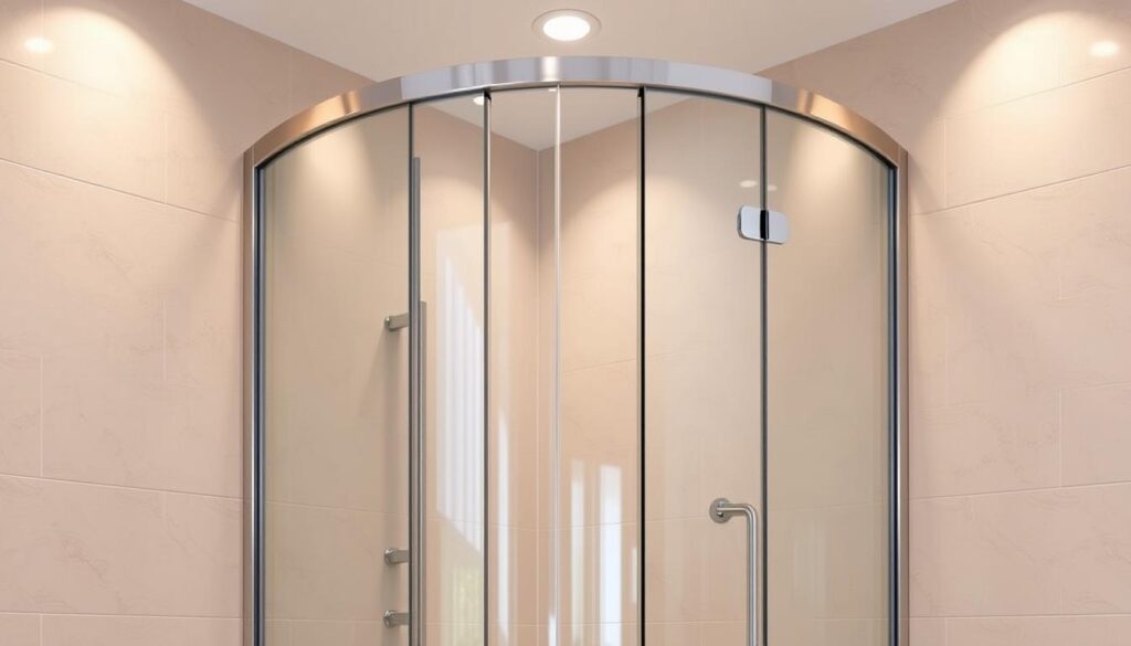 A modern, sleek quarter-circle shower enclosure with a frameless glass door, set against a tiled bathroom backdrop. The shower features clean, minimalist lines and a seamless, streamlined design, complementing the elegant and space-saving nature of the 90x90 layout. Soft, warm lighting from recessed ceiling fixtures creates a spa-like ambiance, while the reflection of the glass panels adds a touch of refinement. The overall composition emphasizes the efficient yet sophisticated nature of this quarter-circle shower solution, perfectly suited for the contemporary bathroom.