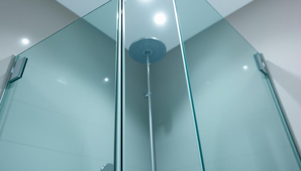 A modern, sleek shower enclosure made of tempered glass panels. The glass panels are custom-cut to fit the specific dimensions of the shower alcove, with precise angled cuts and openings to accommodate fixtures. Bright, even lighting illuminates the clear glass, creating a sense of spaciousness and cleanliness. The frameless design allows the glass to take center stage, showcasing its transparency and reflecting the surrounding bathroom tiles or decor. The overall aesthetic is minimalist and high-end, elevating the shower experience with a clean, elegant look.
