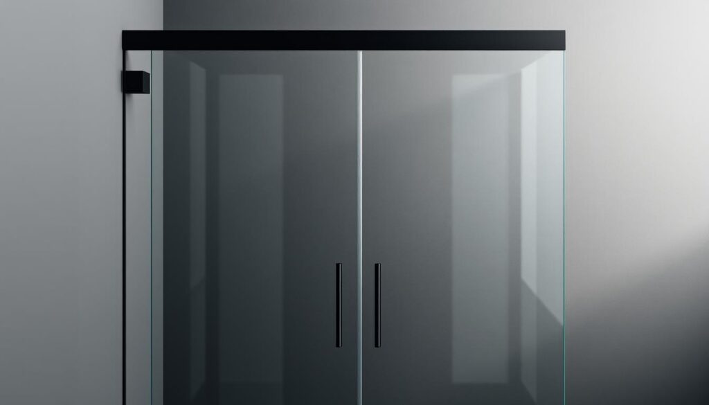 A modern, sleek shower enclosure with a sliding glass door set against a minimalist, monochromatic backdrop. The door panels are precisely tailored to the specified measurements of width, height, and depth, showcasing the custom-made nature of the solution. The hardware, in a matte black or chrome finish, seamlessly integrates with the overall design, creating a harmonious and visually appealing aesthetic. Subtle reflections on the glass surface add depth and dimension, while the lighting subtly accentuates the clean lines and geometry of the composition. The entire scene conveys a sense of sophistication, functionality, and attention to detail, reflecting the made-to-measure solutions offered in the "Maßanfertigung nach Wunschmaß" section. A modern, sleek shower enclosure with a sliding glass door set against a minimalist, monochromatic backdrop. The door panels are precisely tailored to the specified measurements of width, height, and depth, showcasing the custom-made nature of the solution. The hardware, in a matte black or chrome finish, seamlessly integrates with the overall design, creating a harmonious and visually appealing aesthetic. Subtle reflections on the glass surface add depth and dimension, while the lighting subtly accentuates the clean lines and geometry of the composition. The entire scene conveys a sense of sophistication, functionality, and attention to detail, reflecting the made-to-measure solutions offered in the "Maßanfertigung nach Wunschmaß" section.