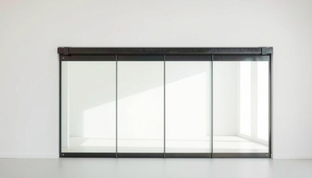 A modern, sleek sliding door system glides effortlessly across a minimalist white wall. The tempered glass panels reflect the soft, ambient lighting, creating a sense of openness and airiness. The smooth, linear tracks are seamlessly integrated into the wall's design, allowing the door to move with precision and ease. The sliding mechanism is engineered for silent, fluid operation, making it the perfect solution for a harmonious, clutter-free living space. The overall aesthetic conveys a sense of sophistication and functionality, perfectly complementing the modern, open-concept architecture of the home. A modern, sleek sliding door system glides effortlessly across a minimalist white wall. The tempered glass panels reflect the soft, ambient lighting, creating a sense of openness and airiness. The smooth, linear tracks are seamlessly integrated into the wall's design, allowing the door to move with precision and ease. The sliding mechanism is engineered for silent, fluid operation, making it the perfect solution for a harmonious, clutter-free living space. The overall aesthetic conveys a sense of sophistication and functionality, perfectly complementing the modern, open-concept architecture of the home.