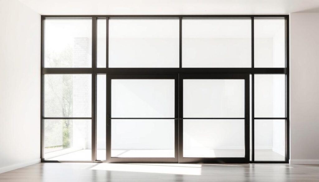 A modern, sleek sliding glass door in a bright, airy interior. The large pane of tempered glass glides effortlessly on a concealed track, flooding the room with natural light. The minimalist metal frame in a matte black finish creates a striking contrast against the transparent glass. Sunlight streams through, casting soft shadows and highlighting the clean, contemporary design. The door seamlessly blends into the surrounding walls, creating an illusion of expanded space and an unobstructed view of the outdoors. Subtle hardware accents in a matching dark tone complete the high-quality, custom-tailored look. An elegant, functional solution that elevates the architectural aesthetic. A modern, sleek sliding glass door in a bright, airy interior. The large pane of tempered glass glides effortlessly on a concealed track, flooding the room with natural light. The minimalist metal frame in a matte black finish creates a striking contrast against the transparent glass. Sunlight streams through, casting soft shadows and highlighting the clean, contemporary design. The door seamlessly blends into the surrounding walls, creating an illusion of expanded space and an unobstructed view of the outdoors. Subtle hardware accents in a matching dark tone complete the high-quality, custom-tailored look. An elegant, functional solution that elevates the architectural aesthetic.