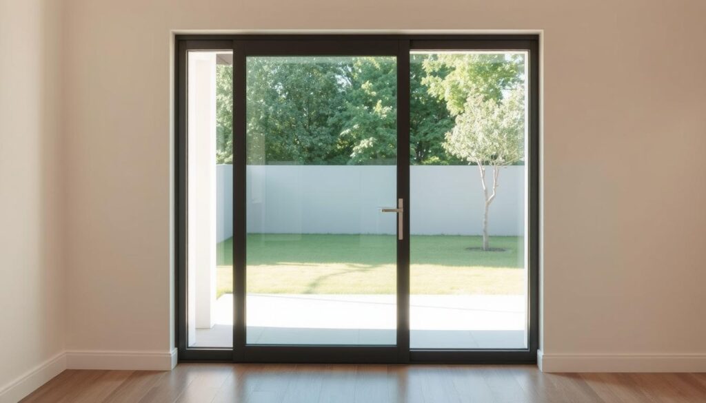 A modern, sleek walk-in terrace door made of high-quality glass stands in a bright, airy room. The door's frameless design creates an unobstructed view, seamlessly blending the indoor and outdoor spaces. Warm, natural lighting filters through the glass, casting a soft glow and enhancing the door's elegant simplicity. The door's handle is subtly integrated, complementing the minimalist aesthetic. The overall scene conveys a sense of openness, functionality, and a harmonious connection between the home and its surrounding environment.