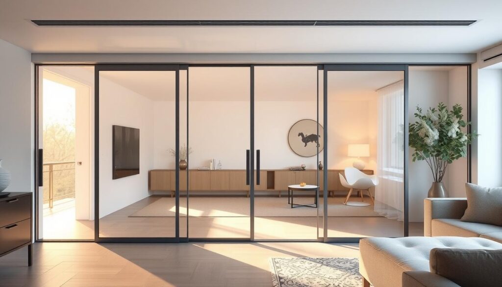 A modern sliding door wall in a bright, airy living space. The sleek, frameless glass panels glide effortlessly along a concealed track, creating an illusion of seamless, open space. Warm, natural lighting filters through the translucent surface, casting a soft, ethereal glow. The minimalist design blends harmoniously with the surrounding decor, exuding a sense of elegance and refinement. The sliding door mechanism operates smoothly and silently, allowing for easy, space-saving access. This versatile, contemporary solution embodies the essence of the modern home trend, seamlessly integrating form and function. A modern sliding door wall in a bright, airy living space. The sleek, frameless glass panels glide effortlessly along a concealed track, creating an illusion of seamless, open space. Warm, natural lighting filters through the translucent surface, casting a soft, ethereal glow. The minimalist design blends harmoniously with the surrounding decor, exuding a sense of elegance and refinement. The sliding door mechanism operates smoothly and silently, allowing for easy, space-saving access. This versatile, contemporary solution embodies the essence of the modern home trend, seamlessly integrating form and function.