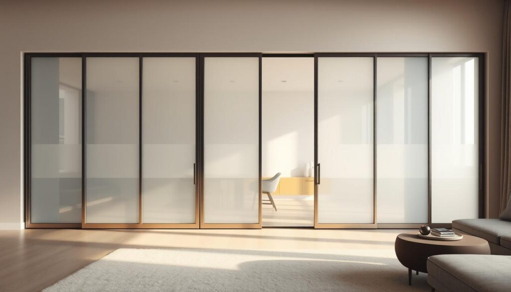 A modern sliding door wall in a spacious, minimalist living room. The wall is made of sleek, frosted glass panels that glide effortlessly on a discreet track system, allowing for an open, airy feel. The lighting is soft and diffused, creating a warm, inviting atmosphere. The glass panels are framed by clean, minimalist lines in a muted color palette, blending seamlessly with the room's contemporary decor. The sliding door seamlessly integrates into the wall, providing a functional and aesthetically pleasing solution for dividing spaces while maintaining an open, flowing layout. The scene conveys a sense of sophisticated, refined living, with the sliding door system as the centerpiece of this modern, flexible design. A modern sliding door wall in a spacious, minimalist living room. The wall is made of sleek, frosted glass panels that glide effortlessly on a discreet track system, allowing for an open, airy feel. The lighting is soft and diffused, creating a warm, inviting atmosphere. The glass panels are framed by clean, minimalist lines in a muted color palette, blending seamlessly with the room's contemporary decor. The sliding door seamlessly integrates into the wall, providing a functional and aesthetically pleasing solution for dividing spaces while maintaining an open, flowing layout. The scene conveys a sense of sophisticated, refined living, with the sliding door system as the centerpiece of this modern, flexible design.