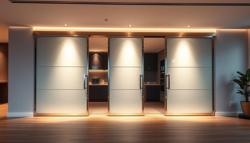 A modern sliding door wall, showcasing a sleek, minimalist design. The door panels glide effortlessly along a concealed track, maximizing space efficiency in a contemporary, open-plan layout. Indirect lighting casts a warm, inviting glow, accentuating the clean lines and high-quality materials, such as tempered glass and brushed metal hardware. The scene exudes a sense of sophistication and practicality, perfectly suited for an elegant, yet functional living or workspace. The camera captures the door in a three-quarter view, highlighting its seamless integration into the overall architectural design.