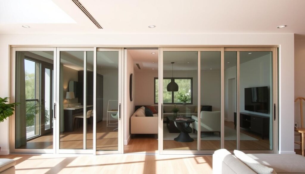 A modern sliding door wall system in a bright, airy living space. A sleek, minimalist frame in brushed aluminum glides effortlessly along a discrete ceiling track, creating a seamless transition between rooms. The tempered glass panels allow natural light to flow through, enhancing the sense of openness and airiness. The installation is flush with the wall, creating a clean, integrated look that complements a variety of interior styles, from contemporary to traditional. Soft, diffused lighting from recessed ceiling fixtures casts a warm, inviting glow, while a wooden floor and neutral-toned furnishings lend a cozy, comfortable atmosphere. A modern sliding door wall system in a bright, airy living space. A sleek, minimalist frame in brushed aluminum glides effortlessly along a discrete ceiling track, creating a seamless transition between rooms. The tempered glass panels allow natural light to flow through, enhancing the sense of openness and airiness. The installation is flush with the wall, creating a clean, integrated look that complements a variety of interior styles, from contemporary to traditional. Soft, diffused lighting from recessed ceiling fixtures casts a warm, inviting glow, while a wooden floor and neutral-toned furnishings lend a cozy, comfortable atmosphere.