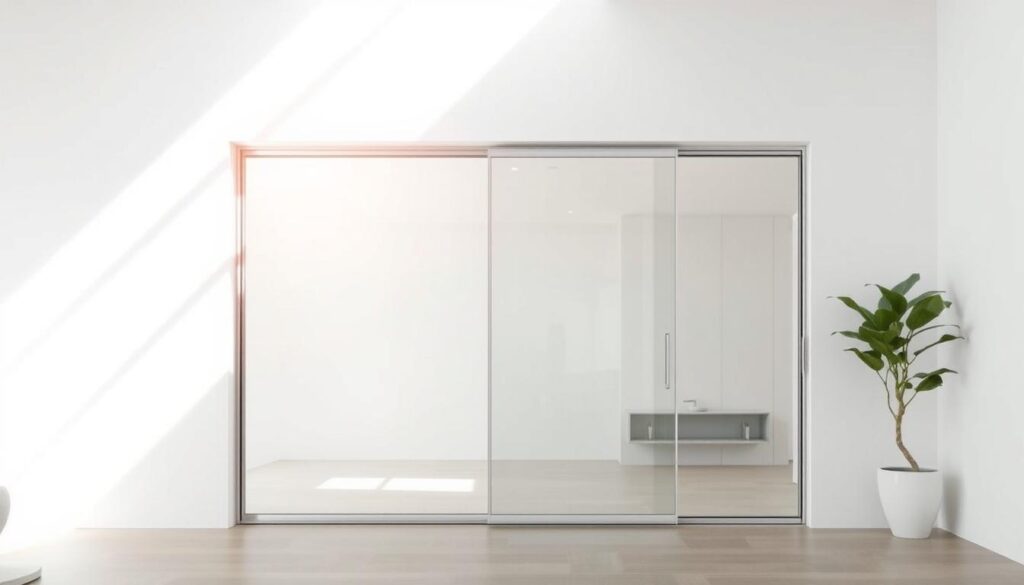 A modern sliding glass door system seamlessly integrated into a minimalist white wall. The sleek, frameless panels glide effortlessly along a recessed track, creating a smooth, uninterrupted flow between interior and exterior spaces. Bright, indirect natural lighting filters through the transparent glass, casting a warm, diffused glow throughout the room. The door's clean, contemporary design complements the surrounding architectural elements, highlighting the versatility and customizability of this innovative solution. Subtle details, such as discreet hardware and precise panel alignment, showcase the high-quality engineering and attention to detail. This visually striking image captures the essence of a transformative sliding door system that elevates the living experience. A modern sliding glass door system seamlessly integrated into a minimalist white wall. The sleek, frameless panels glide effortlessly along a recessed track, creating a smooth, uninterrupted flow between interior and exterior spaces. Bright, indirect natural lighting filters through the transparent glass, casting a warm, diffused glow throughout the room. The door's clean, contemporary design complements the surrounding architectural elements, highlighting the versatility and customizability of this innovative solution. Subtle details, such as discreet hardware and precise panel alignment, showcase the high-quality engineering and attention to detail. This visually striking image captures the essence of a transformative sliding door system that elevates the living experience.