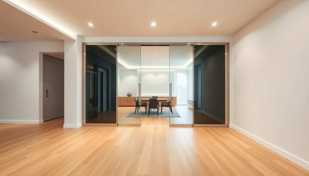 A modern, spacious interior with a sleek sliding door system taking center stage. The door panels are made of tempered glass, framed in a polished stainless steel track. The glass panels seamlessly glide open, revealing a well-appointed room beyond. Soft, diffused lighting from recessed ceiling fixtures illuminates the scene, casting a warm, inviting glow. The flooring is a smooth, light-colored hardwood, complementing the minimalist aesthetic. Architectural details such as clean lines, smooth surfaces, and a lack of visible hardware emphasize the sophisticated, high-quality design. The overall mood is one of elegant simplicity, showcasing the flexible, space-saving functionality of this customizable sliding door system.
