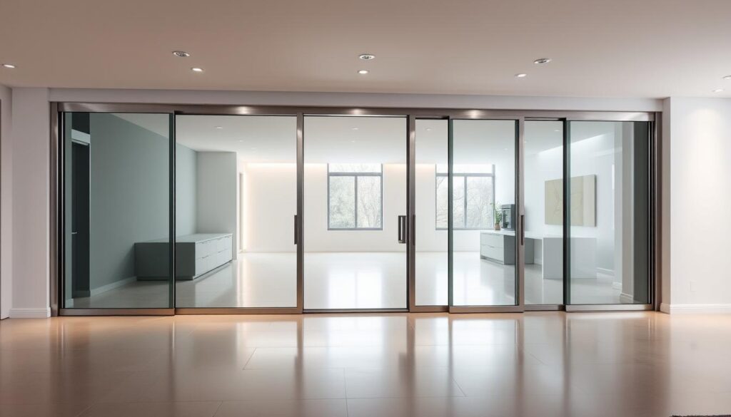 A modern, spacious interior with a sleek sliding door wall system. The sliding doors are made of tempered glass panels, framed in a slim, brushed aluminum profile, gliding smoothly along a recessed track in the floor. The wall system creates a seamless, unobstructed transition between rooms, allowing natural light to flow freely. The lighting is a combination of recessed ceiling spotlights and subtle cove lighting, casting a warm, inviting glow. The overall atmosphere is one of elegant simplicity, perfectly complementing the minimalist, high-quality design of the sliding door system. A modern, spacious interior with a sleek sliding door wall system. The sliding doors are made of tempered glass panels, framed in a slim, brushed aluminum profile, gliding smoothly along a recessed track in the floor. The wall system creates a seamless, unobstructed transition between rooms, allowing natural light to flow freely. The lighting is a combination of recessed ceiling spotlights and subtle cove lighting, casting a warm, inviting glow. The overall atmosphere is one of elegant simplicity, perfectly complementing the minimalist, high-quality design of the sliding door system.
