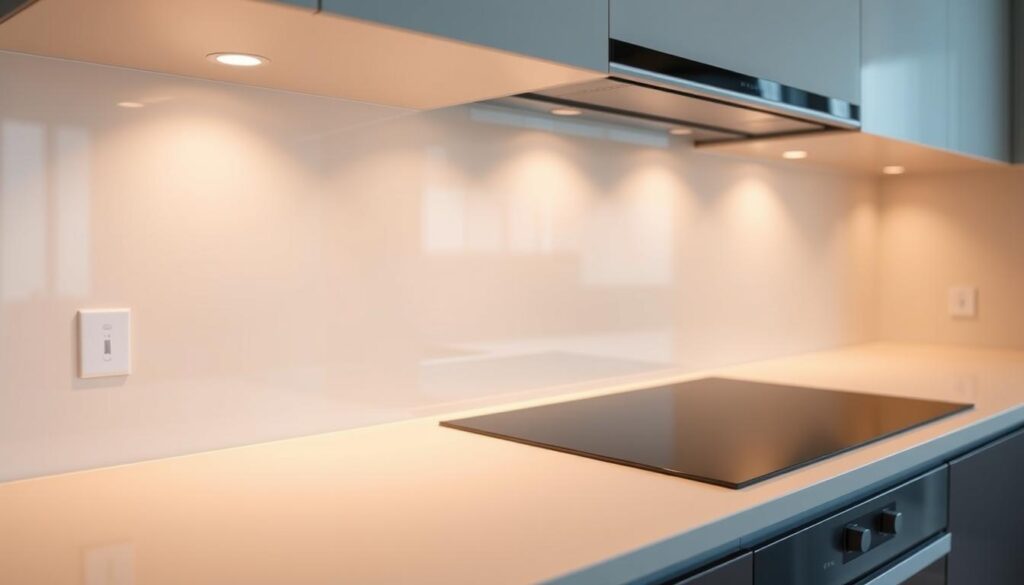 A modern, streamlined kitchen backsplash with a seamless, fugeless design. The surface is a smooth, high-gloss glass panel, reflecting the warm ambient lighting and creating a clean, minimalist aesthetic. The edges are precisely cut, creating a seamless transition to the countertop. The glass has a subtle, neutral tone that blends harmoniously with the kitchen's color scheme. The overall impression is one of sophistication, functionality, and a absence of distracting visual elements, allowing the kitchen's design to take center stage.