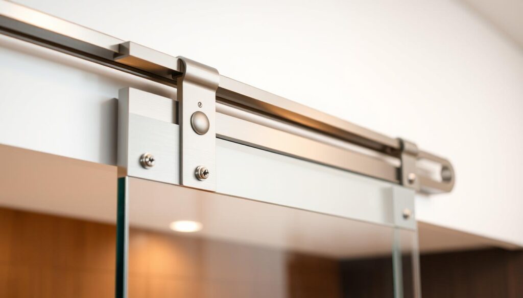 A modern, streamlined sliding door mechanism with a sleek, low-profile design. Metallic components in polished chrome or brushed nickel, precisely engineered to glide smoothly along a sturdy aluminum track. Integrated soft-close technology cushions the door's movement, ensuring a gentle, quiet closure. The mechanism is recessed into the door frame, creating a seamless, minimalist aesthetic that complements the glass panels. Subtle lighting casts a warm, even glow, highlighting the technical sophistication and premium materials. The entire assembly is mounted on a heavy-duty, ball-bearing roller system that effortlessly supports the weight of the glass door. This high-performance sliding door hardware embodies the perfect fusion of form and function, elevating the kitchen environment with its modern, streamlined design.