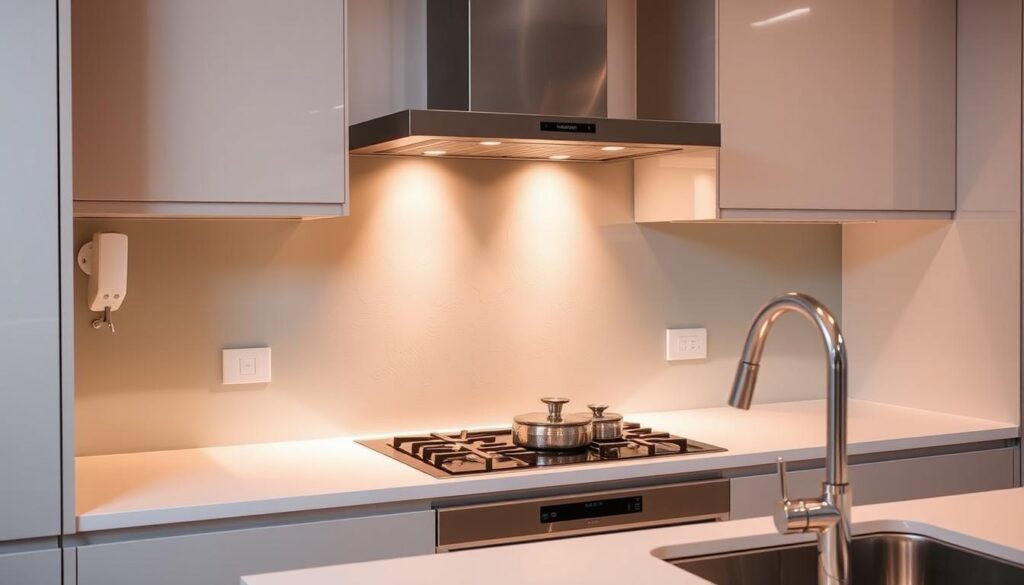 A modern, well-appointed kitchen with a sleek, tempered glass splashback panel installed behind the stove and countertop. The glass has a satin-etched finish, providing a subtle, textured surface that enhances the overall aesthetic. Warm, indirect lighting casts a soft glow, illuminating the clean, minimalist design. The kitchen layout features ample workspace, with the splashback panel extending from the stovetop to the sink, offering comprehensive protection against splatters and spills. The glass surface reflects the surrounding cabinetry and appliances, creating a cohesive, harmonious visual flow. The overall scene conveys a sense of sophistication, functionality, and attention to detail in the kitchen environment.