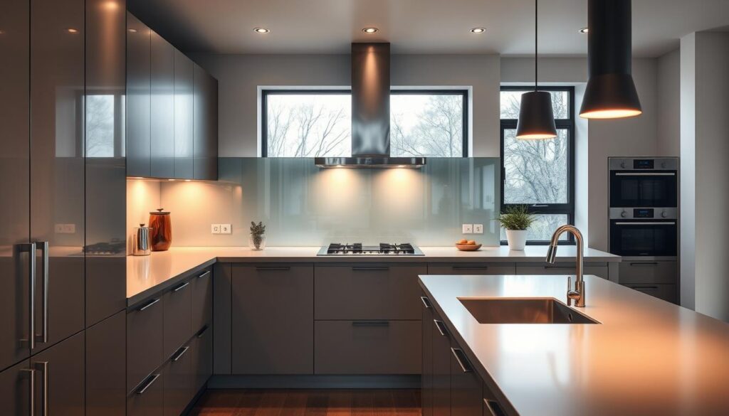 A modern, well-designed kitchen with high-quality German craftsmanship. The focal point is a sleek, frameless glass backsplash that reflects the warm, indirect lighting, creating a sense of depth and elegance. Stainless steel appliances and minimalist cabinets in a muted color palette contribute to the overall sophisticated aesthetic. The kitchen countertop is a durable, smooth surface, seamlessly integrated with the backsplash. Ample natural light streams in through large windows, illuminating the space and highlighting the attention to detail. The entire scene conveys a sense of quality, functionality, and timeless design - a true "Qualität Küche" made in Germany.