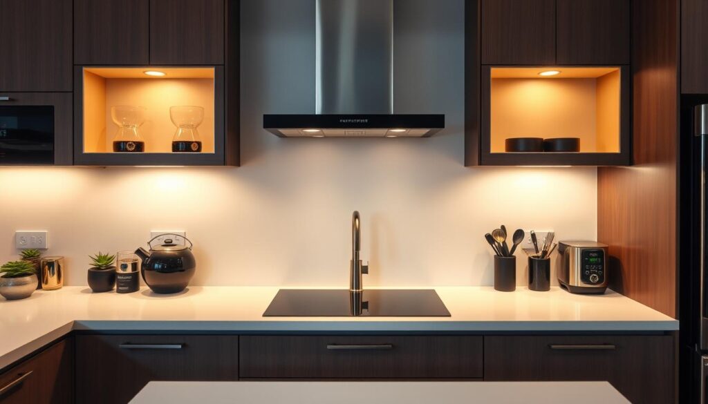 A modern, well-equipped kitchen with a sleek, seamless spritzschutz backsplash. The backsplash spans the entire wall behind the countertop, creating a cohesive, minimalist look. Warm, indirect lighting illuminates the space, casting a soft glow on the matte, non-reflective surface of the spritzschutz. The backsplash blends effortlessly with the surrounding cabinetry and countertops, showcasing its versatility as an alternative to traditional tile. The scene exudes an atmosphere of clean, contemporary design, highlighting the spritzschutz as a practical and aesthetically pleasing kitchen feature.