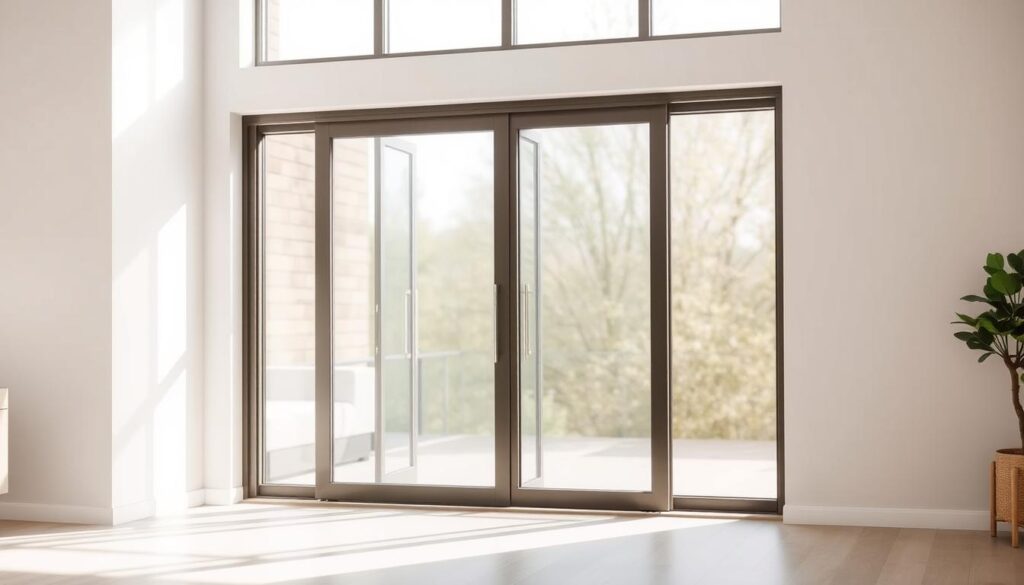 A modern, well-insulated sliding glass door, positioned in a bright, airy room with warm, natural lighting filtering through. The door's frame is sleek and minimalist, seamlessly integrated into the surrounding architecture. The glass panels are thick and durable, providing superior soundproofing and thermal efficiency. Weatherstripping along the edges ensures a tight, draft-free seal, enhancing the overall comfort and energy-saving properties of the door. The sliding mechanism operates smoothly and effortlessly, allowing for easy access and a sense of seamless transition between indoor and outdoor spaces. The scene conveys a feeling of tranquility, functionality, and a harmonious balance between form and function.