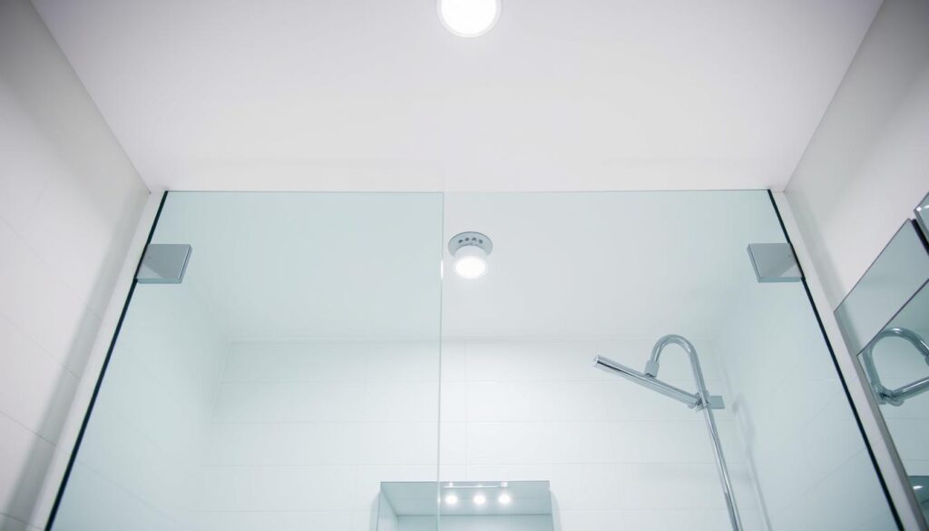 A modern, well-lit bathroom interior with a frameless glass shower enclosure installed. The glass panel is positioned in the center of the frame, secured in place with clean, minimalist chrome brackets. The enclosure is surrounded by sleek, white tiles, creating a bright, airy atmosphere. The lighting is a combination of recessed ceiling fixtures and a vanity mirror, casting an even, natural glow throughout the space. The camera angle captures the installation process, showcasing the precision and care required for a flawless, seamless fit. The overall composition conveys a sense of sophistication and attention to detail, highlighting the versatility and functionality of a custom-fitted glass shower enclosure.