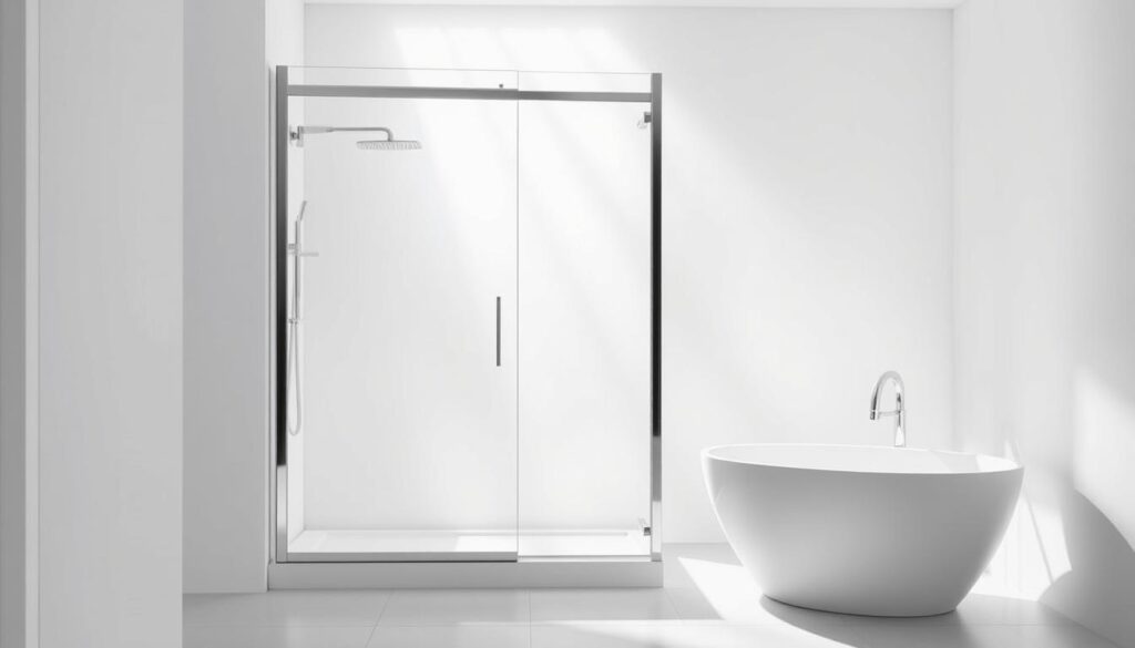 A modern, well-lit bathroom interior with a sleek, frameless glass shower enclosure. The enclosure features a smooth, seamless hinge mechanism that allows it to effortlessly pivot 180 degrees, providing easy access and a spacious, open layout. The mechanism appears elegant and well-engineered, with a sophisticated silver or chrome finish that complements the bathroom's contemporary design. Rays of soft, diffused light stream through the glass, creating a tranquil, spa-like atmosphere. The shower enclosure is positioned next to a matching freestanding bathtub, creating a cohesive, harmonious visual flow. The overall scene conveys a sense of luxurious, user-friendly comfort and functionality.