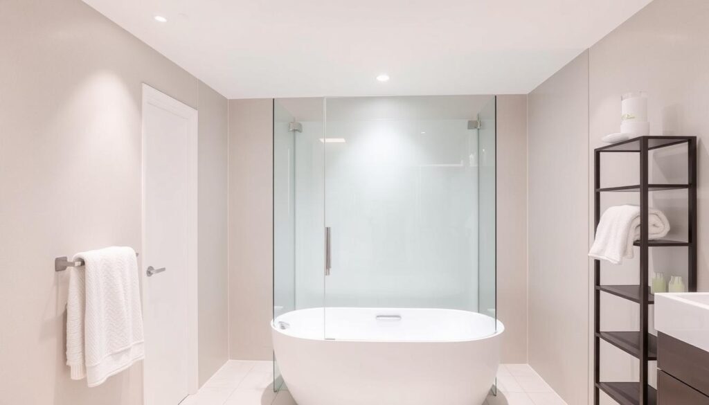 A modern, well-lit bathroom interior with a sleek, glass-enclosed shower enclosure adjacent to a freestanding bathtub. The shower features a frameless glass door with a chrome handle, complementing the contemporary design. Soft, diffused lighting emanates from recessed ceiling fixtures, creating a spa-like ambiance. The tiled floor and walls have a clean, minimalist aesthetic, allowing the glass shower to be the focal point. A towel rack and shelving unit provide storage and visual balance to the scene. The overall impression is one of luxurious functionality, seamlessly blending form and function.