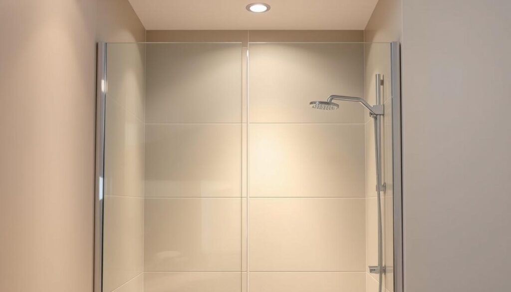 A modern, well-lit bathroom interior with a sleek, minimalist acrylglas dusche (acrylic glass shower) enclosure. The shower features a frameless, clear glass panel that seamlessly integrates with the surrounding tiles, creating an open, spacious feel. Soft, indirect lighting illuminates the shower area, casting a warm, inviting glow. The acrylglas has a smooth, high-gloss finish that reflects the light, adding a touch of elegance. The shower is positioned against a neutral-toned wall, allowing the transparent glass to be the focal point. The overall atmosphere is one of clean, contemporary design with a touch of luxury.