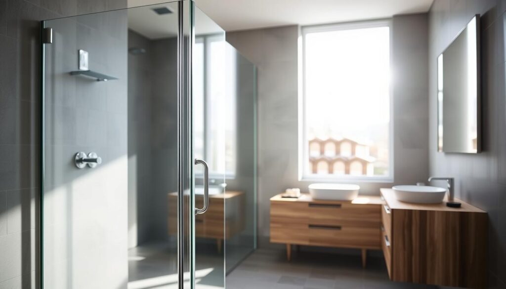 A modern, well-lit bathroom showcasing a sleek glass shower enclosure. The foreground features the shimmering tempered glass panels, their clean lines and frameless design reflecting the natural light streaming in from large windows. The middle ground highlights the seamless integration of the glass shower with the tiled flooring and walls, creating a harmonious, spa-like ambiance. In the background, a wooden vanity with a minimalist sink and modern fixtures completes the sophisticated, high-end aesthetic. Soft shadows and highlights accentuate the transparency and solidity of the glass, conveying a sense of quality craftsmanship and attention to detail.