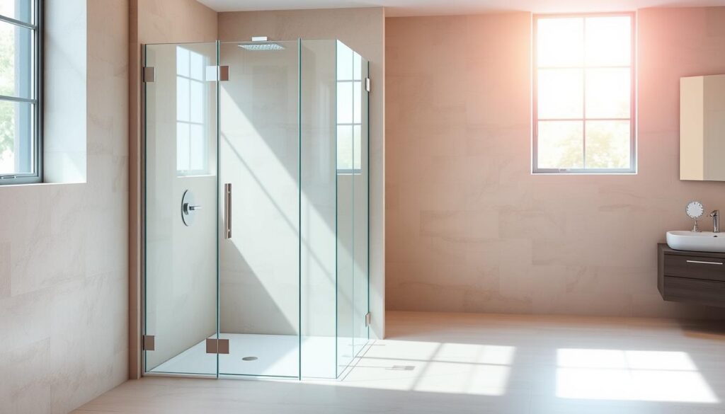 A modern, well-lit bathroom with a frameless glass shower enclosure as the focal point. The shower doors are made of clear, tempered glass, seamlessly integrated into the tiled walls. The door hinges and hardware are sleek and minimalist, complementing the clean, contemporary design. The bathroom is bathed in natural light streaming through large windows, casting a soft, diffused glow across the space. The floor is covered in smooth, neutral-toned tiles, and the walls feature a complementary tile pattern, creating a cohesive and visually appealing aesthetic. The overall atmosphere is one of spaciousness, functionality, and sophistication, showcasing the versatility and beauty of glass shower doors as a practical and stylish solution for modern bathroom design. A modern, well-lit bathroom with a frameless glass shower enclosure as the focal point. The shower doors are made of clear, tempered glass, seamlessly integrated into the tiled walls. The door hinges and hardware are sleek and minimalist, complementing the clean, contemporary design. The bathroom is bathed in natural light streaming through large windows, casting a soft, diffused glow across the space. The floor is covered in smooth, neutral-toned tiles, and the walls feature a complementary tile pattern, creating a cohesive and visually appealing aesthetic. The overall atmosphere is one of spaciousness, functionality, and sophistication, showcasing the versatility and beauty of glass shower doors as a practical and stylish solution for modern bathroom design.