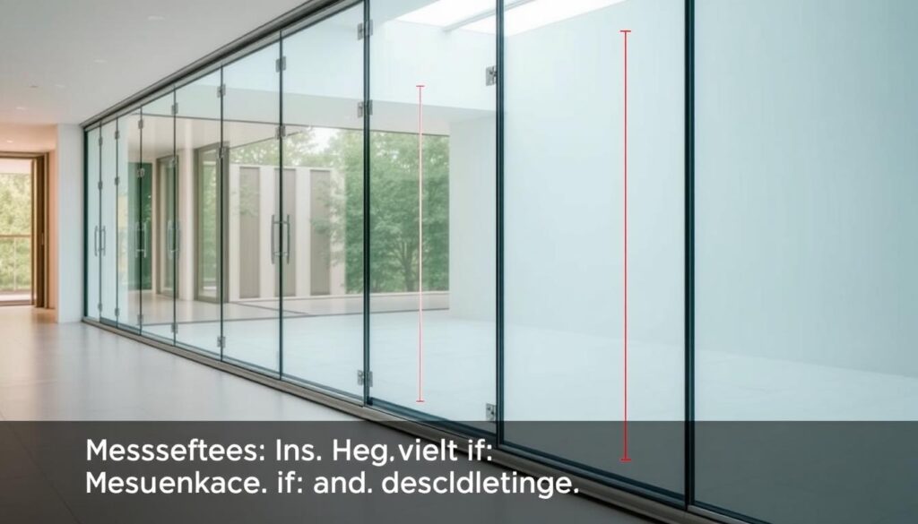 A modern, well-lit glass sliding wall system, showcasing its clean, minimalist design and precise measurements. The frameless glass panels glide effortlessly along sturdy tracks, allowing for unobstructed views and seamless indoor-outdoor flow. The glass surfaces reflect the surrounding environment, creating a sense of openness and light. Technical details like the panel dimensions, thickness, and tolerances are prominently displayed, ensuring accurate sizing and installation. The overall composition emphasizes the importance of meticulously capturing the measurement specifications, as highlighted by the section title "Messhinweise: Höhe, Breite und Toleranzen richtig erfassen".