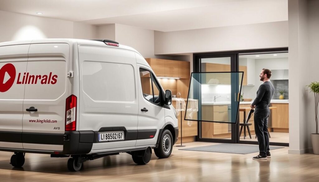 A modern, well-lit interior scene showcasing the delivery process of a sliding glass door solution. In the foreground, a white delivery van prominently displays the company's logo, its driver carefully handling a large, carefully packaged glass panel. In the middle ground, the homeowner eagerly awaits the delivery, their expression conveying a sense of anticipation and trust. The background features a cozy kitchen setting, hinting at the upcoming installation of the custom sliding door. Soft, directional lighting illuminates the scene, casting subtle shadows and highlighting the high-quality materials. The overall mood is one of efficiency, professionalism, and customer satisfaction, reflecting the "Lieferung, Versand & Käuferschutz" section of the article.